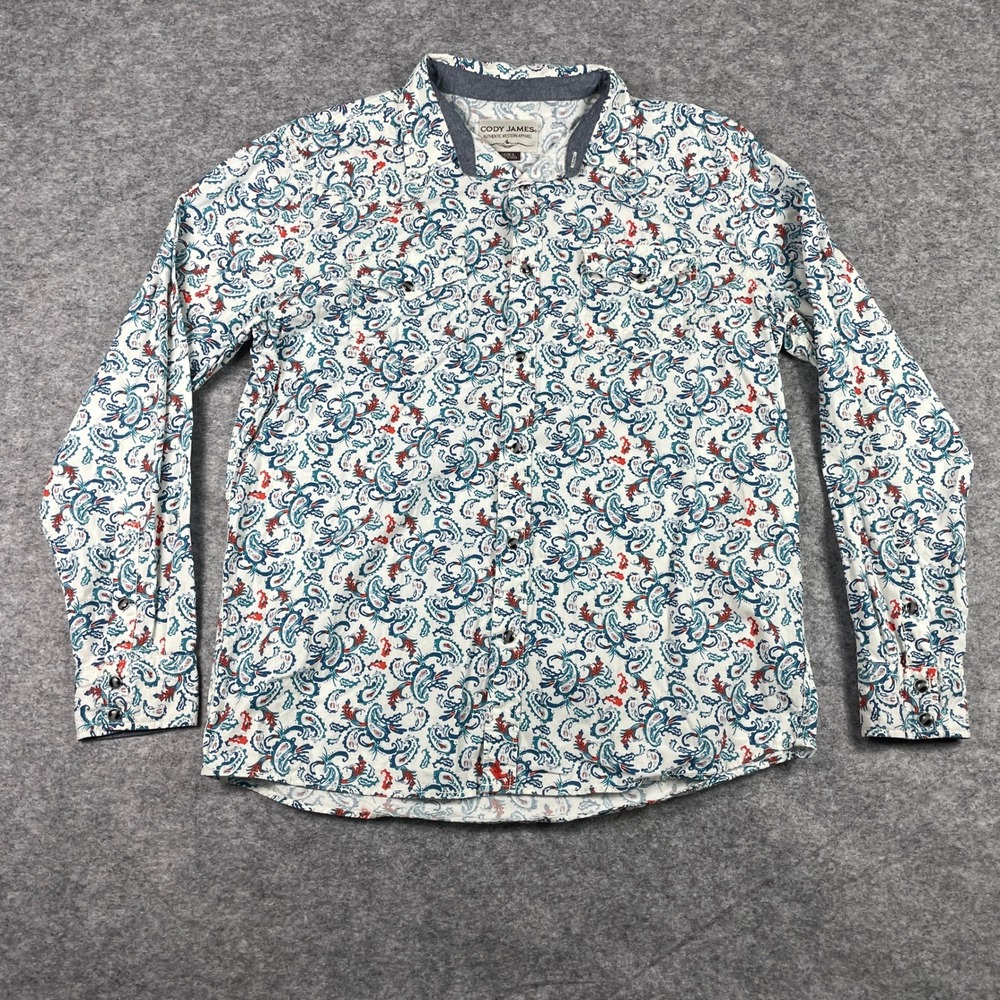 Cody James Western Shirt Mens Large White Teal Red Paisley Pearl Snap Cowboy